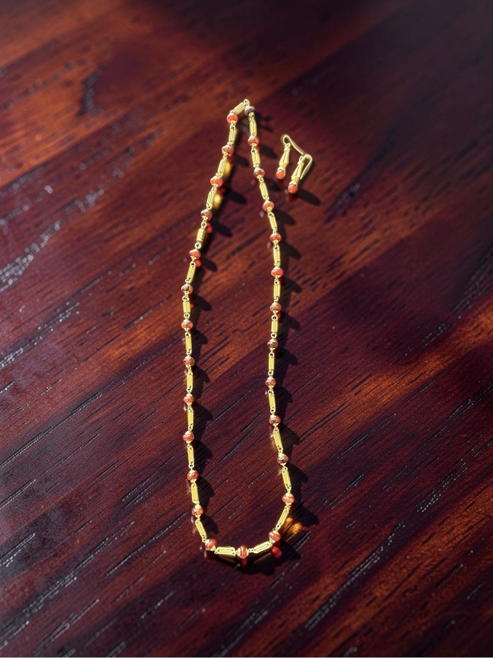 Gold and Coral Bead Necklace with Matching Earrings